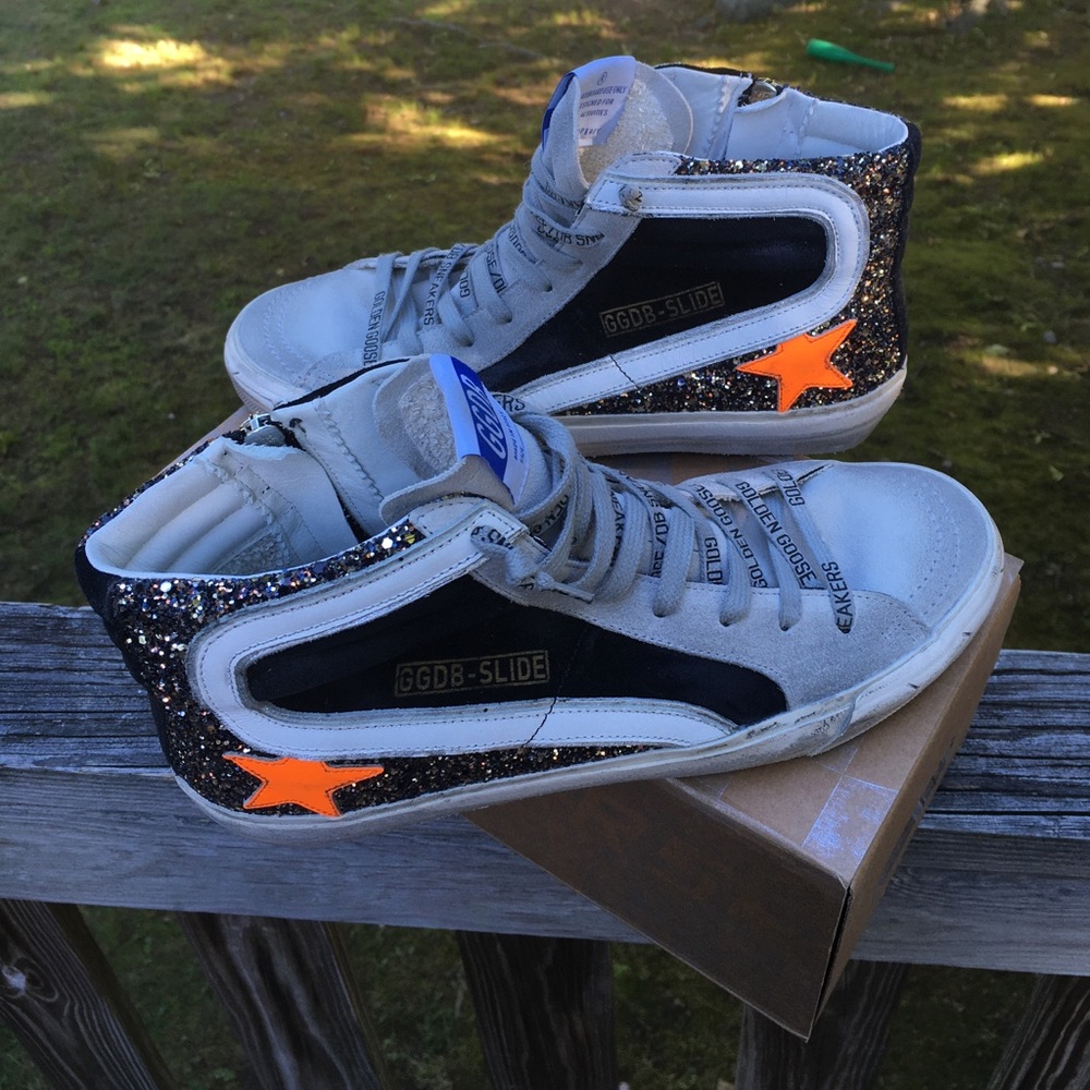 Golden Goose Slide Black/Gold Glitter Orange Star - Picture 2 of 12